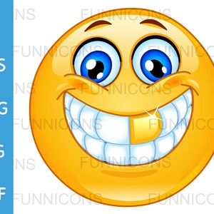 Clipart przedstawiający radosną emotikonkę ze złotym zębem, dołączone pliki ai eps png jpg i pdf, możliwość natychmiastowego pobrania plików cyfrowych.