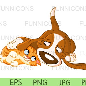 Clipart przedstawiający uroczego pieska i kociaka, którzy się przytulają, dołączone pliki ai eps png jpg i pdf, możliwość natychmiastowego pobrania plików cyfrowych.