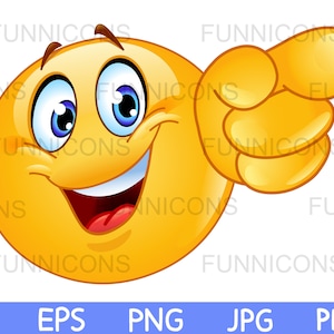 Desenho animado clipart de um emoticon feliz apontando para frente com o dedo, arquivos ai eps png jpg e pdf incluídos, download de arquivos digitais.