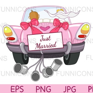 Clipart Cartoon von nur verheiratet Zeichen und Dosen, Braut und Bräutigam Auto, Hochzeitseinladung, ai eps png jpg und pdf-Dateien, digitaler Download.