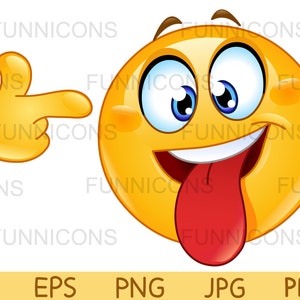 Clipart Cartoon eines verrückten Gesicht Emoticon Zunge heraus zeigt auf Kopf, ai eps png jpg und pdf Dateien enthalten, digitale Dateien herunterladen.