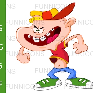 May include: A cartoon illustration of a young boy with red hair wearing a red and yellow baseball cap, a red shirt, blue jeans, and green trainers. He is shouting with his mouth open and has braces on his teeth.