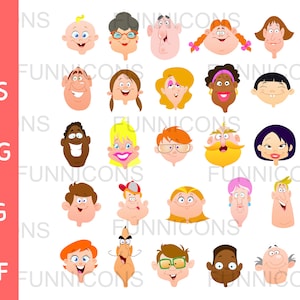 Clipart big bundle 25 diverse people cartoon happy faces icon avatar set, ai eps png jpg pdf files included, digital files instant download. image 1