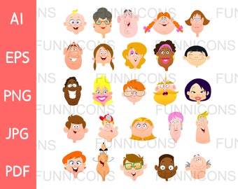 Clipart big bundle 25 diverse people cartoon happy faces icon avatar set, ai eps png jpg pdf files included, digital files instant download.