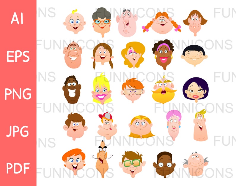 Clipart big bundle 25 diverse people cartoon happy faces icon avatar set, ai eps png jpg pdf files included, digital files instant download. image 1