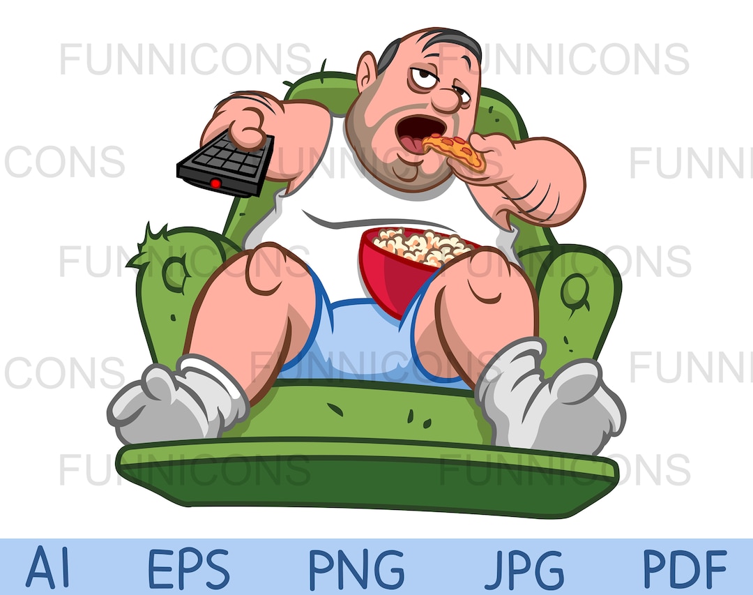 Clipart Cartoon, Couch Potato Overweight Man With Pizza, Popcorn