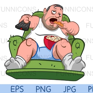 Dibujos animados de imágenes prediseñadas, sofá patata hombre con sobrepeso con pizza, palomitas de maíz, ver la televisión, ai eps png jpg y archivos pdf, descarga de archivos digitales.
