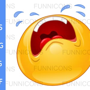 Dibujos animados de imágenes prediseñadas de un emoticono llorando en voz alta, archivos ai eps png jpg y pdf incluidos, archivos digitales descarga instantánea.