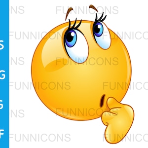 Clipart przedstawiający uroczą kobiecą emotikonkę myślącą lub zastanawiającą się, zdezorientowaną, zadającą pytanie, pliki ai eps png jpg pdf, pliki cyfrowe do pobrania.