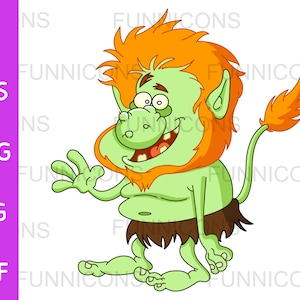 Clipart cartoon of a happy green troll waving, ai eps png jpg and pdf files included, digital files instant download.