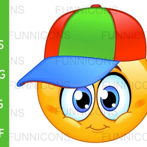 Dibujos animados de imágenes prediseñadas de una cara de emoticono de niño feliz con una gorra de béisbol colorida, archivos ai eps png jpg y pdf, descarga de archivos digitales.