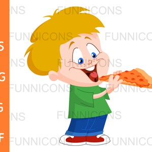 Dibujos animados de clipart de un niño hambriento feliz comiendo una rebanada de pizza vegana, ai eps png jpg y archivos pdf incluidos, descarga de archivos digitales.