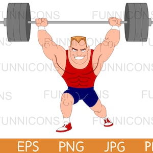 Clipart of a cartoon muscular weightlifter bodybuilder lifting barbell, ai eps png jpg and pdf files included, digital files download.