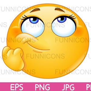 Clipart przedstawiający żeńską emotikonkę wykonującą gest rozmyślania, myślenia lub marzeń, pliki ai eps png jpg pdf, pliki cyfrowe do pobrania.