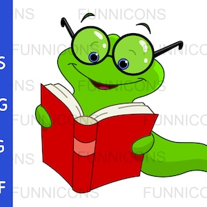 May include: A green worm wearing glasses and reading a red book. The worm is smiling and has a happy expression.