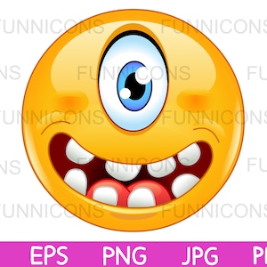 Puede incluir: Un emoticono amarillo de dibujos animados con un solo ojo azul, una boca abierta de par en par y una lengua roja que sobresale. El emoticono tiene una expresión traviesa.