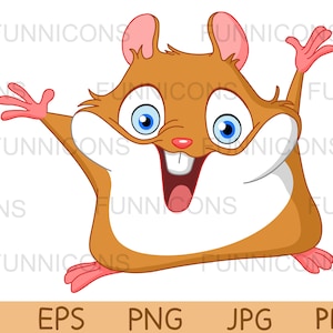 Desenho animado clipart de um hamster feliz e fofo, arquivos ai eps png jpg e pdf incluídos, download instantâneo de arquivos digitais.