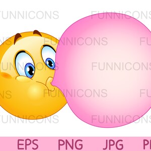 Clipart przedstawiający emotikonkę puszczającą gumę balonową, dołączone pliki ai eps png jpg i pdf, możliwość natychmiastowego pobrania plików cyfrowych.