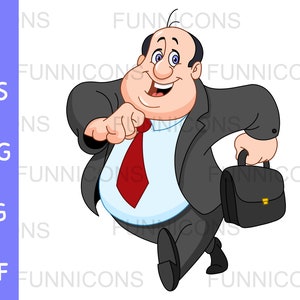 Cartone animato clipart di un allegro uomo d'affari paffuto che cammina veloce o corre, ai eps png jpg e file pdf inclusi, download di file digitali.