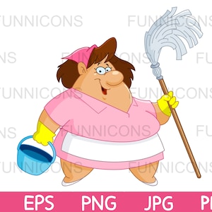 Clipart cartoon of a happy cleaning maid woman holding a mop and bucket, ai eps png jpg and pdf files included, digital files download.