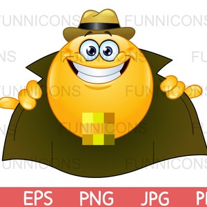 Puede incluir: Un emoticono amarillo sonriente que lleva un sombrero fedora marrón y una gabardina verde. El emoticono asoma por detrás de la gabardina y señala hacia la derecha con su mano derecha.