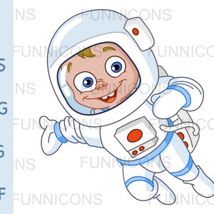 Dibujos animados de imágenes prediseñadas de un joven astronauta feliz niño en un traje espacial, ai eps png jpg y archivos pdf incluidos, archivos digitales descarga instantánea.