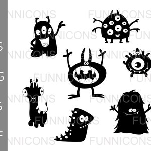 Clipart von schwarzen und weißen Monstern Cartoon-Bundle, Vector Set, ai eps und Png 300dpi Dateien enthalten, digitale Dateien sofortigen Download.