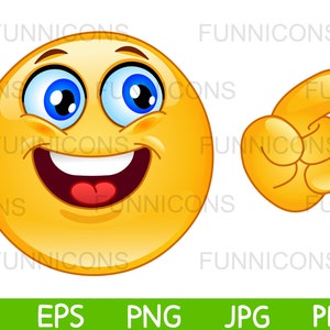 Clipart przedstawiający radosną emotikonkę wskazującą palcem, dołączone pliki ai eps png jpg i pdf, możliwość natychmiastowego pobrania plików cyfrowych.