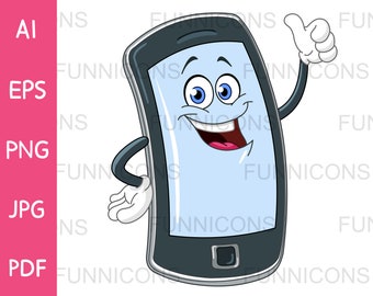 Clipart cartoon of a happy cell phone smartphone smart mobile phone showing thumb up, ai eps png jpg and pdf files, digital files download.