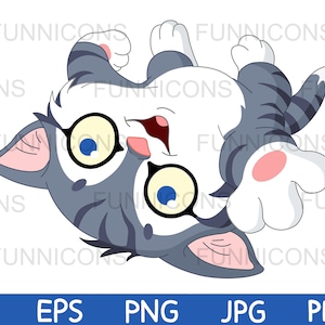 Clipart cartoon of a grey and white playful kitten kitty cat lying on his back, ai eps png and jpg pdf files, digital files download.