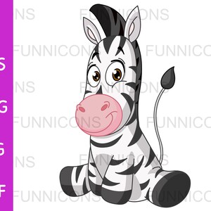 Clipart desenho de uma zebra bebê feliz e fofa sentada, ilustração animal, arquivos ai eps png jpg e pdf incluídos, download de arquivos digitais.