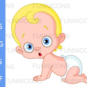 Dibujos animados de clipart de un lindo bebé rubio o niña gateando en un pañal sorprendido, ai eps png jpg y archivos pdf, descarga de archivos digitales.