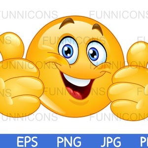 Caricatura de imágenes prediseñadas de un emoticono feliz que muestra dos pulgares hacia arriba como gesto, archivos ai eps png jpg y pdf, descarga de archivos digitales.