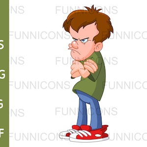 Clipart Cartoon eines wütenden Teenagers, Jungen oder Mannes mit gefalteten Armen, ai eps png jpg und pdf Dateien enthalten, digitale Dateien direkter Download.