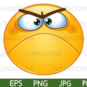 Clipart przedstawiający wściekłą i zrzędliwą emotikonkę, dołączone pliki ai eps png jpg i pdf, możliwość natychmiastowego pobrania plików cyfrowych.