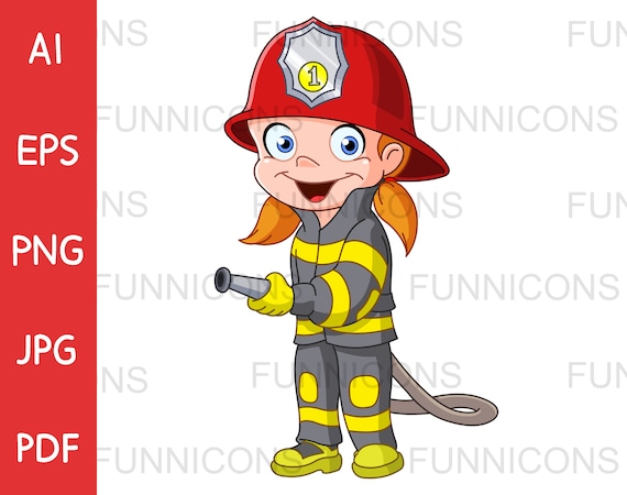 Dibujos animados clipart de una joven luchadora de bomberos - Etsy España