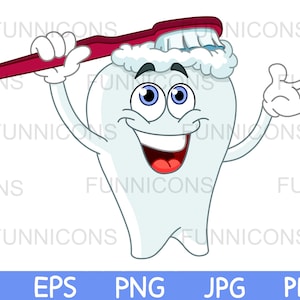 Clipart cartoon d’une dent dentaire heureuse se brossant la tête, ai eps png fichiers jpg et pdf inclus, fichiers numériques téléchargement instantané.
