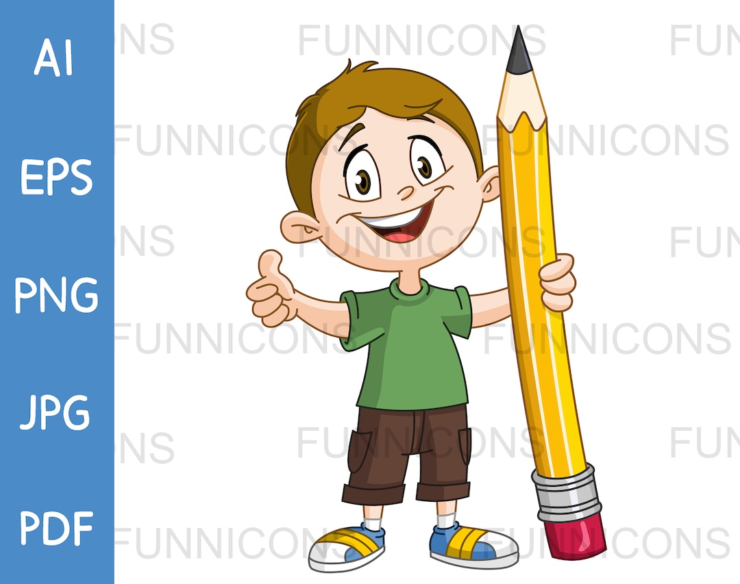 Back to School Clipart Cartoon of a Young Happy Boy Holding a Big ...