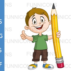Powrót do szkoły Clipart przedstawiający młodego, szczęśliwego chłopca trzymającego duży ołówek i pokazującego kciuk do góry, pliki ai eps png jpg pdf, pliki cyfrowe do pobrania.