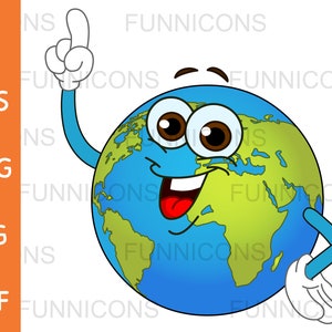 Clipart Cartoon eines glücklichen Weltkugel Erde Zeigefinger mit einer Idee, ai eps png jpg und pdf Dateien enthalten, digitale Dateien herunterladen.