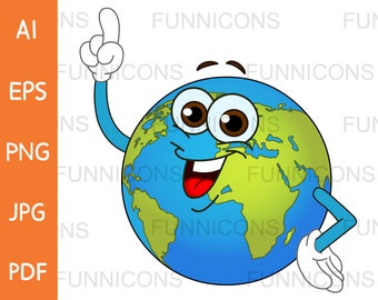 Clipart cartoon of a happy world globe earth pointing finger with an idea, ai eps png jpg and pdf files included, digital files download.