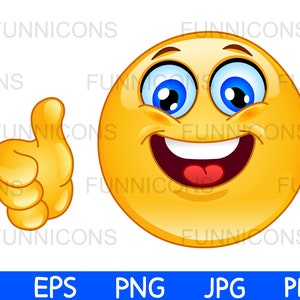 Desenho animado clipart de um emoticon feliz segurando um polegar para cima, como ou ok gesto com a mão, arquivos ai eps png jpg e pdf, download de arquivos digitais.