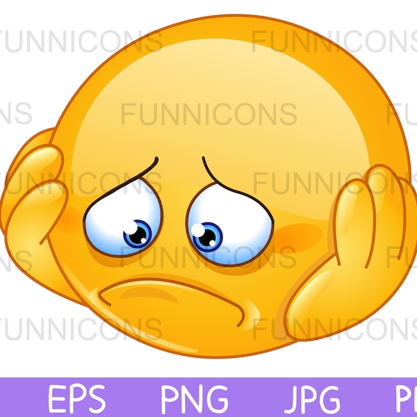 Clipart cartoon of a depressed and sad  emoticon with hands on face, ai eps png jpg and pdf files included, digital files download.