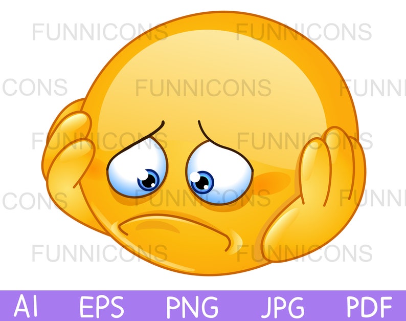 Clipart cartoon of a depressed and sad emoticon with hands on face, ai eps png jpg and pdf files included, digital files download. image 1