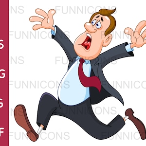 Clipart Cartoon eines gestressten oder in Panik geratenen oder verängstigten Geschäftsmanns, der läuft, ai eps png jpg und pdf Dateien, digitale Dateien herunterladen.