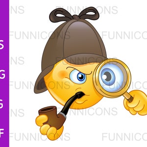 Clipart cartoon of emoticon detective looking through magnifying glass and smoking pipe, ai eps png jpg pdf files, digital files download.