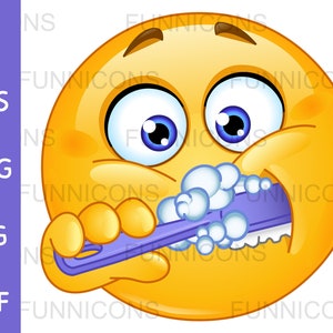 Clipart Cartoon von Emoticon seine Zähne putzen, ai eps png jpg und pdf-Dateien enthalten, digitale Dateien sofortiger Download.