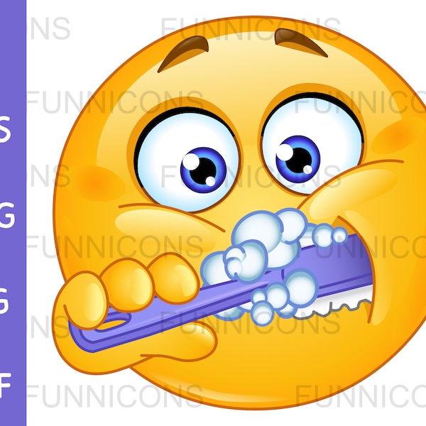 Cartoon clipart di emoticon che si lava i denti, file ai eps png jpg e pdf inclusi, download immediato di file digitali.