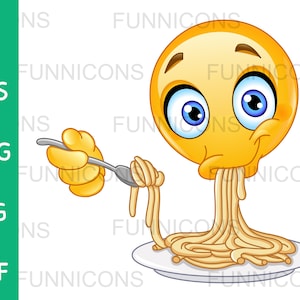 Clipart przedstawiający głodną emotikonkę jedzącą spaghetti z talerza za pomocą łyżki, pliki ai eps png jpg pdf, pliki cyfrowe do natychmiastowego pobrania.
