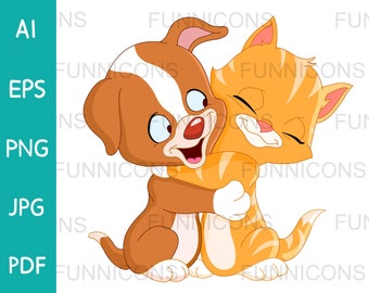 Clipart cartoon of a happy puppy dog and a kitten cat hugging, animal illustration, ai eps png jpg and pdf files, digital files download.